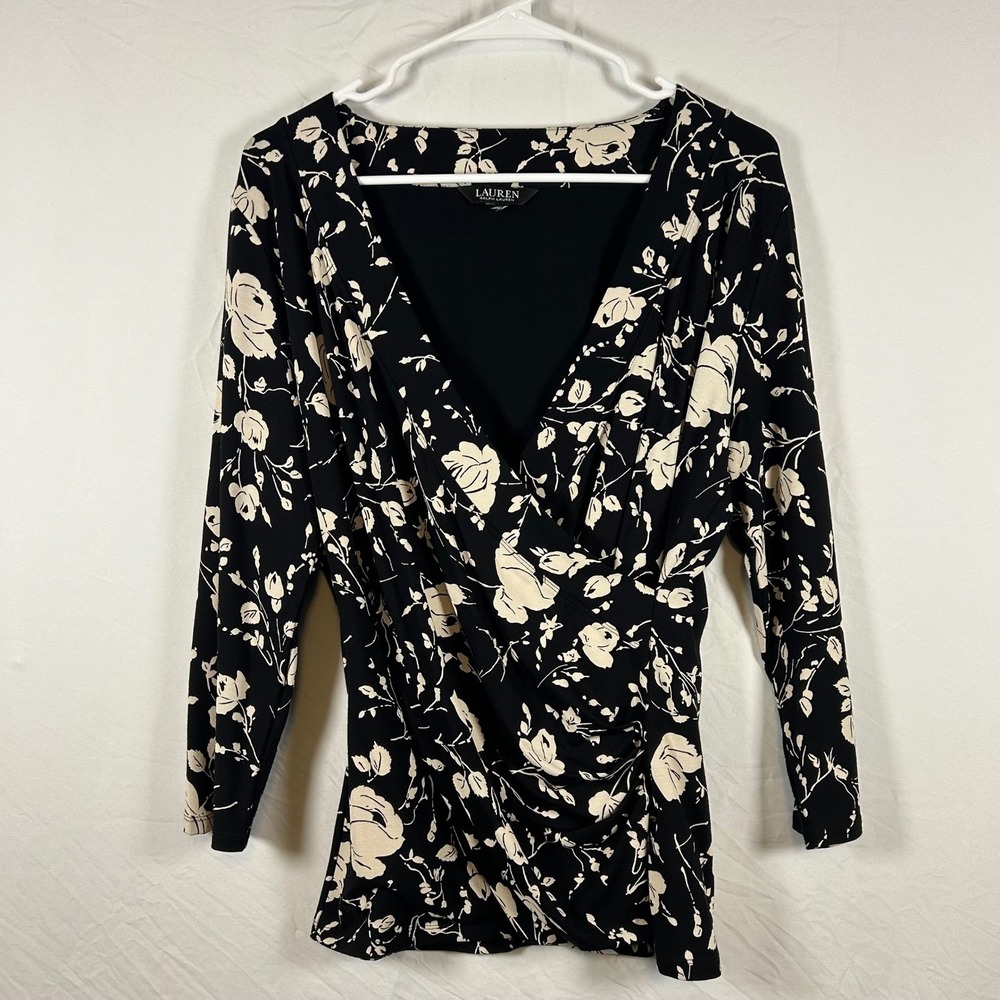 Lauren Ralph Lauren Black Floral Surplice Wrap Top 3/4 Sleeve Jersey Blouse M